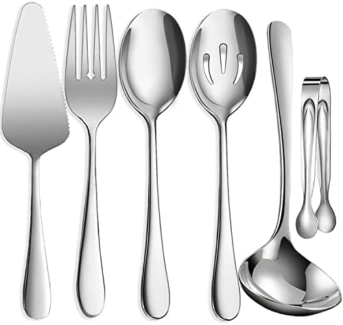 6 PCS Stainless Steel Serving Utensils, Large Serving Spoons Slotted Spoons, Forks, Ice Suger Tongs, Cake Server, Soup Ladle, Metal Utensils Set Great for Buffet Catering Banquet Party, Silver