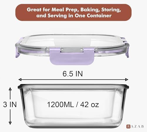 Razab 2 PC 1200ML / 41 Oz Glass Food Storage Containers with Lids - Airtight & Leakproof - Microwave/Oven/Freezer Safe - BPA Free - Ideal for Meal Prep, Storing Leftover & Lunch