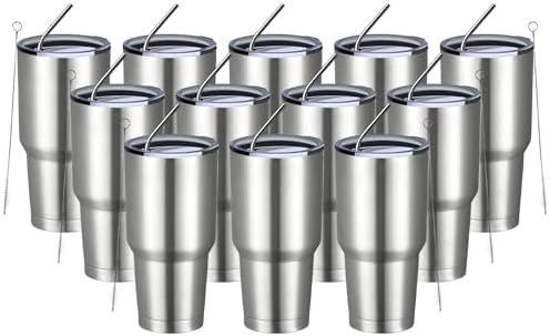 MEWAY 30oz Insulated Tumbler With Lids and Straws,Stainless Steel Double Vacuum Coffee Tumbler Cup, Brush, Durable Powder Coated Coffee Cup for Cold & Hot Drinks, Office, Travel(Silver,12 PACK)