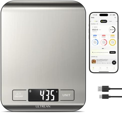 Ultrean Smart Food Kitchen Scale with Nutritional Calculator, App for Macro & Calorie Tracking, AI Scan, Digital Grams and Ounces for Weight Loss, Rechargeable, Stainless Steel, 33lb /15kg