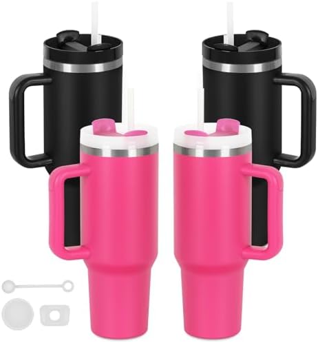 4 Pack 40 Oz Tumblers with Handle Bulk, Double Wall Vacuum Insulated Stainless Steel Tumblers with Lid and Straw, 40 oz Cup with Silicone Spill Proof Stopper Set (Black-2,Hot Pink-2)