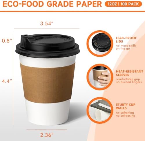 METAPRINT 100 Pack 12 oz Disposable Coffee Cups with Lids and Sleeves,White