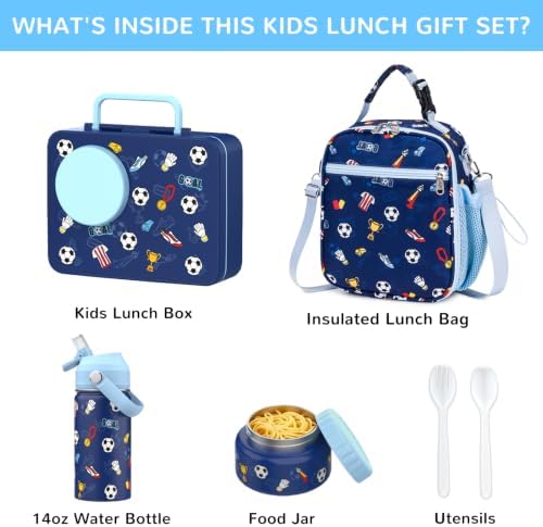 Kids Bento Box with Food Jar, Water Bottle, Lunch Bag, Soccer