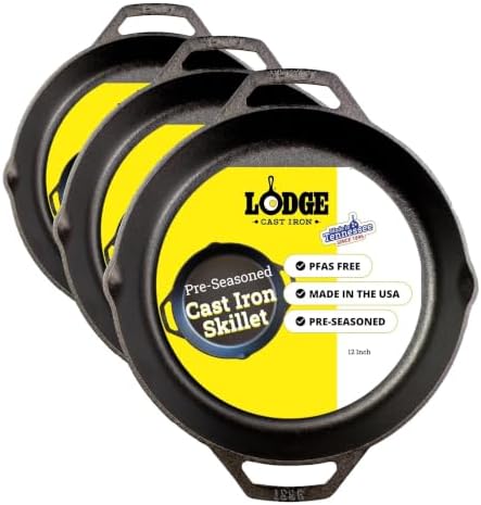 Lodge 12 Inch Pre-Seasoned Cast Iron Skillet - Dual Assist Handles - Use in the Oven,on the Stove,on-the Grill,or Over a Campfire - Black,(Pack of 3)