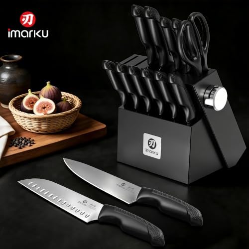 imarku 14-Piece Knife Set with Block and Built-In Sharpener, Black