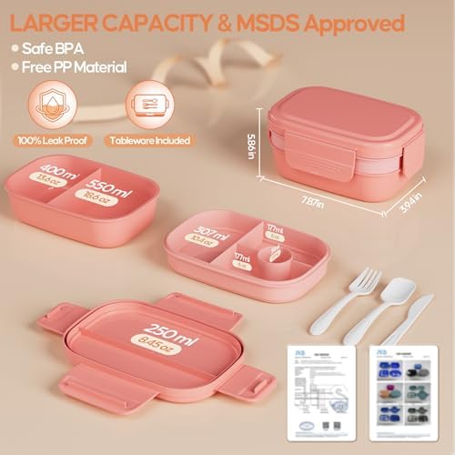 Adults Leak-Proof Bento Lunch Box Set with Lunch Bag for Work, School（Pink）