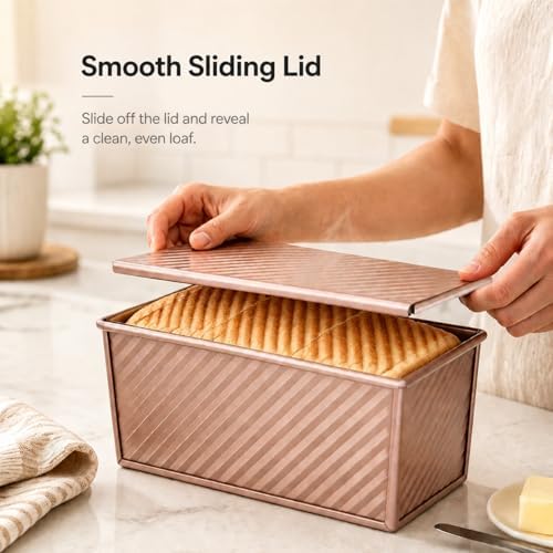 Pullman Loaf Pan with Lid, Aluminized Steel 1 Lb Nonstick Sandwich Bread Pan for Homemade Bread, 8.4x4.8 Inch Professional Rectangular Loaf Pan with Dough Scraper and Cutter