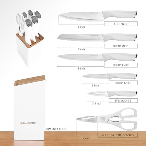 White Knife Set with Wooden Block, 7-Piece Knife Block Set