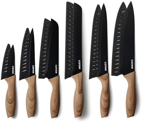 CAROTE 12-Piece Knife Set, Knives with Wood-Grain Finish Handles, Black
