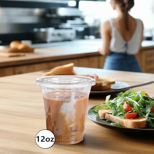 TashiBox plastic cups with lids [12 oz 100cups&100flat lids],Clear Crystal disposable plastic cups,smoothie cups