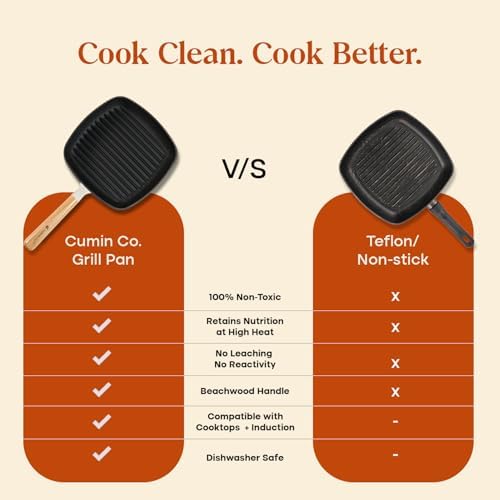CUMIN CO. Enameled Cast Iron Grill Pan 10 Inch, 1.2 QT Grill Skillet – Non Toxic PFAS Free Cookware – Indoor Grill Pan for Steak, Chicken, Burgers & Vegetables – Induction & Oven Safe (White)