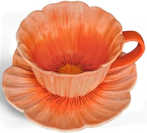 10 oz Tea Cups and Saucers, Ceramic Flower-shaped Cappuccino Cup, Latte Cup and Saucer set, elegant floral Espresso Cup set, Suitable for microwave and dishwasher-Orange