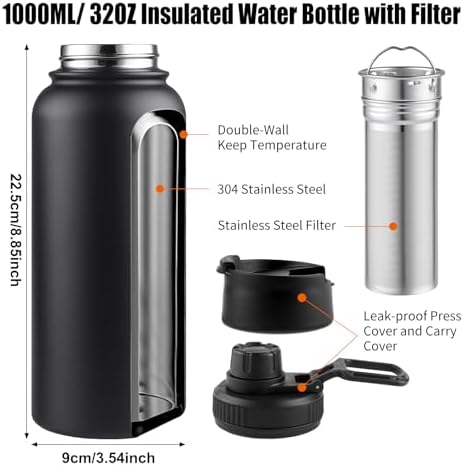 Sivaphe 32 oz Tea Infuser Bottle With Removable Filter,18/8 Stainless Steel Insulated Water Bottle for Loose Leaf Tea,1L Strainer Travel Tumbler with Lid Black