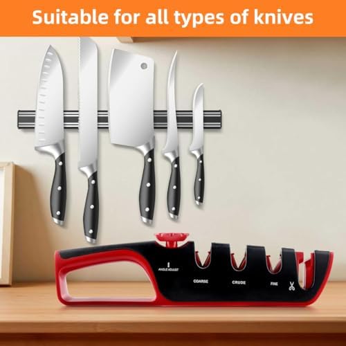 4-in-1 Manual Knife Sharpener – Best Kitchen Knife Sharpener with Tungsten Carbide & Ceramic Stones for All Knives & Scissors | Non-Slip, Adjustable Angle, Knife Sharpening Kit for Home Chefs