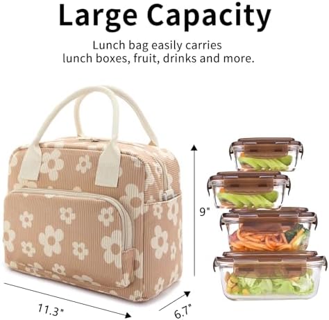 Lunch Bag Women Lunch Box for Women Adult Cute Insulated Lunch Bag Lager Cooler Lunch Tote Bags for Work Picnic (Brown-Flower)