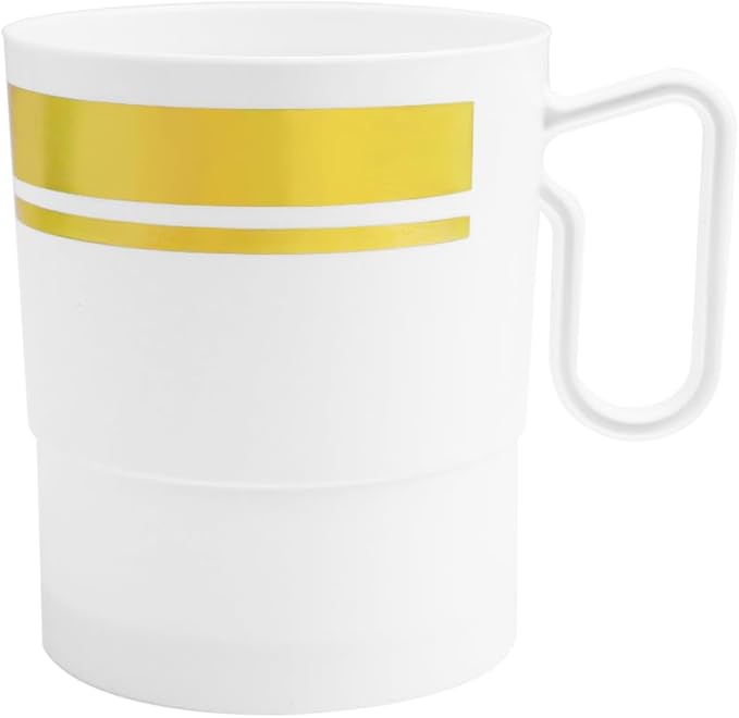 Party Essentials 8-Ounce Hard Plastic Coffee Cup/Tea Mug with Handle, 20-Count, White W/Gold Rim