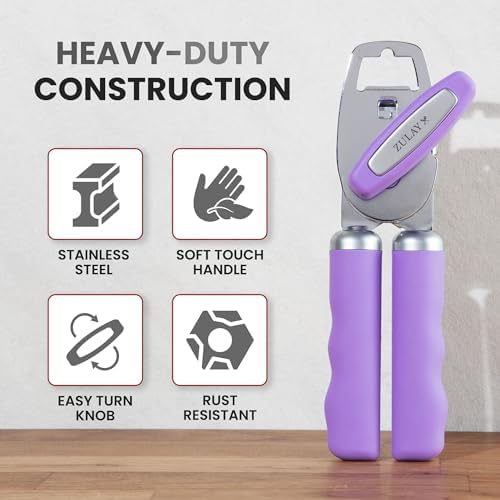 Zulay Kitchen Manual Can Opener Heavy Duty Patented Stainless Steel, Mauve