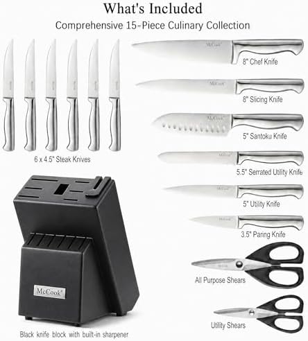 McCook Knife Set Sharp Kitchen Knife Block Set w Built-in Sharpener
