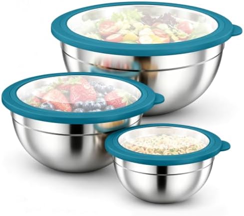 P&P CHEF Stainless Steel Mixing Bowls with Visible Airtight Lids, Blue