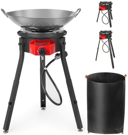 OuterMust Outdoor Cooker Wok Station with Cover, Iron Wok, Electronic Ignition & Adjustable Support Stand, 54000 BTU Burner for BBQ, Backyard