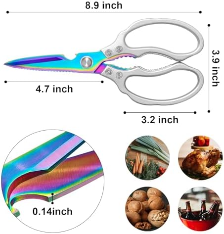 CGBE Kitchen Scissors, Multi-Purpose Kitchen Shears, Heavy Duty Dishwasher Safe Food Scissors for Chicken, Poultry, Fish, Meat & Herbs with Non-Slip Grips - Sliver Colorful