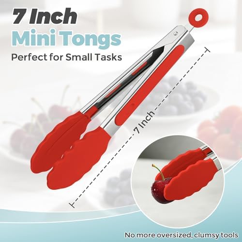 Small Cooking Tongs 7 inch Mini Serving Tongs with Silicone Tips