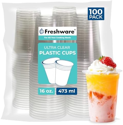 Freshware 16 oz Clear Disposable Plastic Cups, Clear Plastic Cups Tumblers, Heavy-duty Party Glasses, Disposable Cups for Thanksgiving, Halloween, Christmas Party, 16 Oz Cups, 100 Count (Pack of 1)
