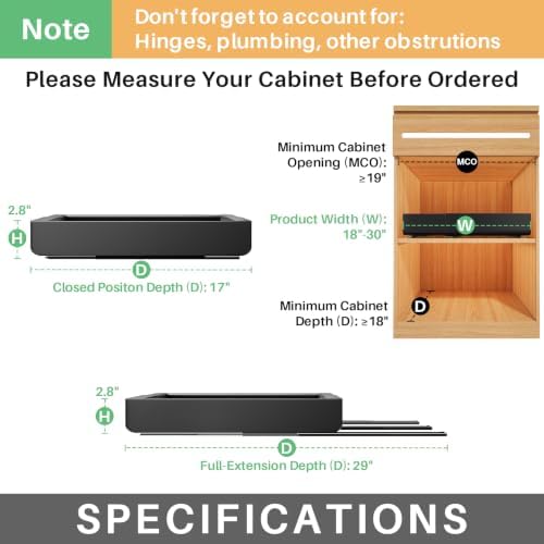 2 Pack Pull out Cabinet Organizer, Expandable(18"-30") Heavy Duty Slide out Drawer Fixed with Adhesive Nano Film for Pots, Roll out Shelf Storage for Kitchen Organization, Pantry, Bathroom(Black)