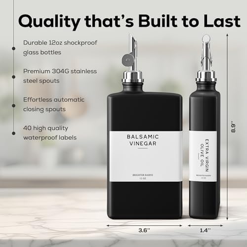 Black Glass Olive Oil Dispenser Bottle for Kitchen by Brighter Barns - Soy Sauce Dispenser, Coffee Syrup Bottle - Kitchen Decor for Restaurant, Airbnb, Coffee Bar Accessories (Black/Silver, Set of 2)