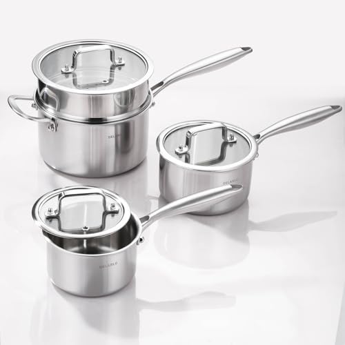 DELARLO Tri-Ply Stainless Steel Saucepan 1QT 2QT 3.5QT Kitchen Pot Set