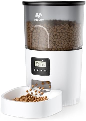 IMIPAW Automatic Cat Feeders, Timed Cat Dry Food Dispenser with Desiccant Bag, Dual Power Supply, Programmable Portion Size, 6 Meals, 20 Portions Per Day, Auto Pet Feeder for Cats and Small Dog, White