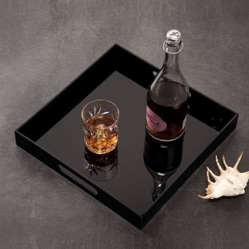 KEVLANG Glossy Black Acrylic Serving Tray - 14x14Inch, Multipurpose, Sturdy, Modern Style, Spill Proof, Countertop Organizer, Vanity Table Tray