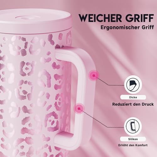 Meoky 40 oz Tumbler with Handle and Straw, Tumbler with Lid and Straw, Insulated Stainless Steel Travel Mug, 100% Leak-proof, Keeps Cold for 34 Hours or Hot for 10 Hours (Pink Leopard)