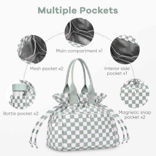 Yarnic Lunch Bag Women Lunch Box with Water Bottle Holder (Green Checkered)