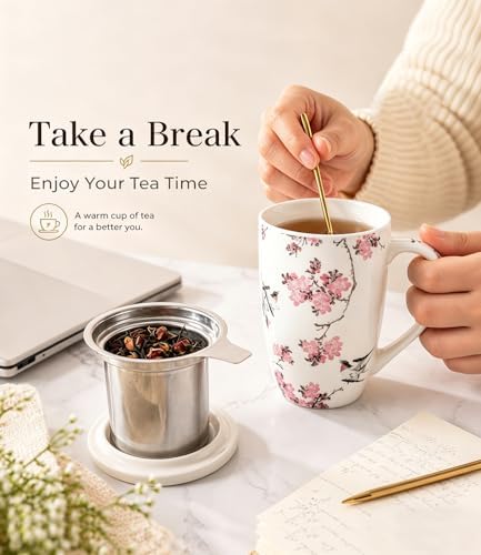 AmorArc Tea Cup With Infuser and Lid, 18oz Loose Leaf Tea Mug With Steeper