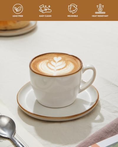 Pokini Stoneware Coffee Cups with Saucers, Cappuccino Cups, Mugs Set of 4