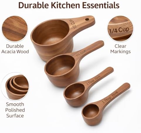 Wooden Measuring Cups and Spoons Set - Eco-Friendly Solid Acacia Wood, Laser Engraved Measurements, Perfect for Baking & Cooking - Ideal for Bakers (4-Pc Small Acacia Measuring Cups)