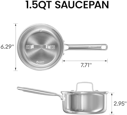 COOKER KING Sauce Pan Set, 1.5 QT & 2 QT Saucepan with Lid, Metal Utensils Safe, No Coating (PFAS/PFOA/PTFE Free), Dishwasher-Friendly, Oven-Safe Up to 900°F, Induction Ready