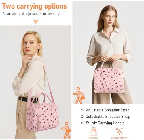 Lunch Bag Large Insulated Lunch Box for Women Adult Cute Pink Strawberry Lunchbox Corduroy Lunch Bags Boxes Pail with Shoulder Strap for Work Mom Picnic Office Travel 11.4×6.8×9.1 inches 11.5L