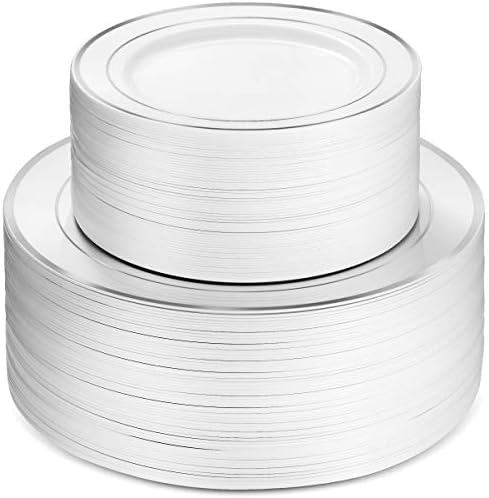 100 Silver Rim White Plastic Plates Set, 10 Inch 7 Inch Combo Pack 50 Each