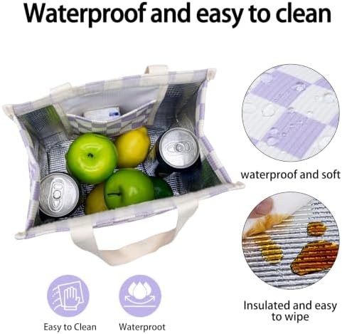 Insulated Lunch Bag for Work, 10.2"x5.9"x10.2" Oxford Waterproof Lunch Tote, Thermal Lunch Box for Office, Picnic & Outdoor, Striped Canvas Tote Bag -Check Purple