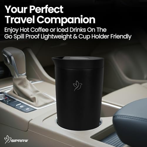 12oz Travel Coffee Mug with Lid | Insulated Stainless Steel Tumbler for Hot & Cold Drinks | Leakproof, Reusable, BPA Free, Dishwasher Safe, Cup Holder Friendly, Black