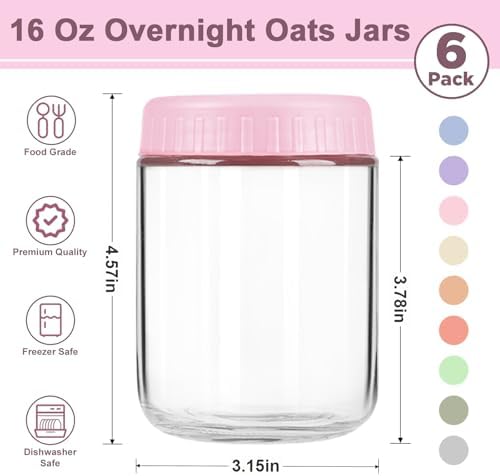 Overnight Oats Containers with Lids, 16oz Wide Mouth Mason Jars with Lids, 6 Pack Glass Jars with Airtight lid for Chia Pudding Yogurt Salad, Meal Prer Oatmeal Jars, Pink