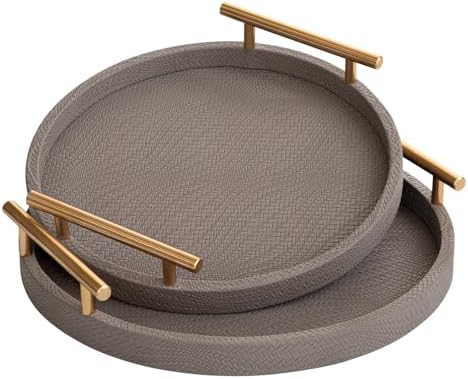 2 Piece Coffee Brown Round Serving Tray with Handles, Woven-Texture Faux Leather Ottoman Tray for Living Room, Decorative Tray for Coffee Table Home Decor