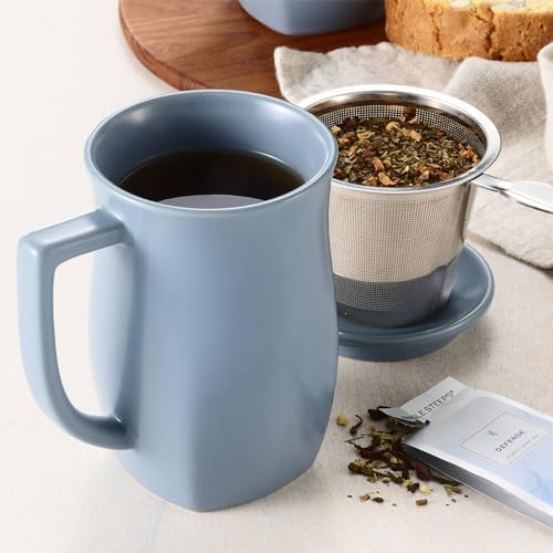 Tea Forte Ceramic Fiore Tea Cup with Infuser, Stone Blue, 14 oz
