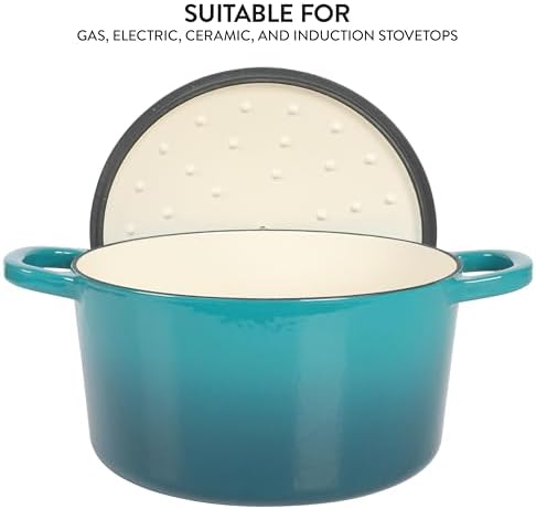 Crock Pot Artisan 6-Quart Round European Enameled Cast Iron Dutch Oven Pot With Lid -Teal Ombre