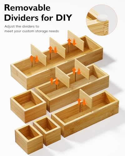 12-Piece Bamboo Drawer Organizer Set, 24 Compartments Modular Storage