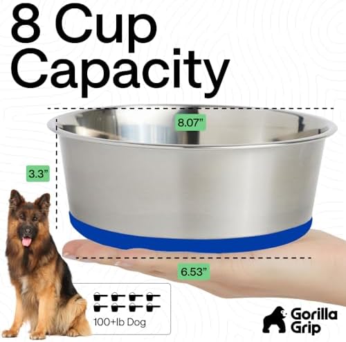 GORILLA GRIP Dog Bowls, Food Grade Stainless Steel, Set of 2, 8 Cup, Blue