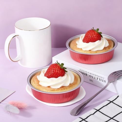 Beasea Aluminum Foil Mini Tart Pans, 100 Pack 7.3oz 215ml Disposable Baking Cups Only, 4" Mini Foil Ramekin Cups No Lids Baking Pie Tin for Cheesecake Fruit Pie Tart - Grapefruit Pink