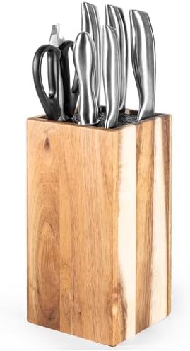 Acacia Wood Angled Knife Block with Multi-Purpose Holder – Universal Kitchen Knife Storage with Removable Bristle Insert (Honey brown, regular medium)